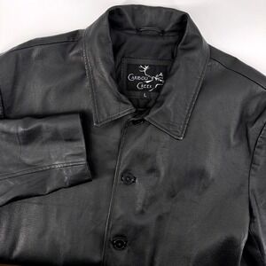 Vintage Caribou Creek Mens Sz Large Black Genuine Leather Car Coat Jacket Lined